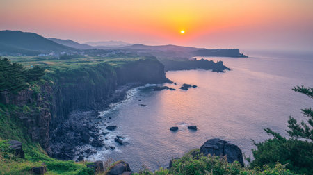 The stunning coastal view from the cliff at Seogwipo in Jeju, known for its breathtaking sunsets.の素材