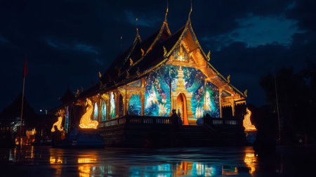 The famous night lights at Phu Prao Temple, with the glowing mural casting a magical atmosphere.の素材