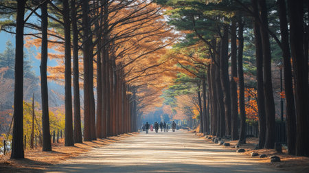 The picturesque scenery of Nami Island, famous for its tree-lined pathways and beautiful natural landscapes year-round.の素材
