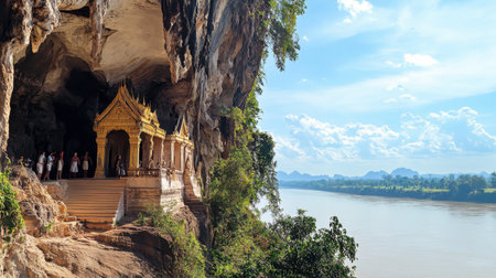 Visitors exploring the cliffside temples and caves at Wat Tham Khuha Sawan, overlooking the Mekong River.の素材