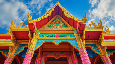 The unique architecture of Wat Jaeng Ubon Ratchathani, with its vibrant colors and ornate details.の素材