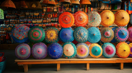 The vibrant colors and designs of the handcrafted umbrellas on display at the Bo Sang Umbrella Village.の素材