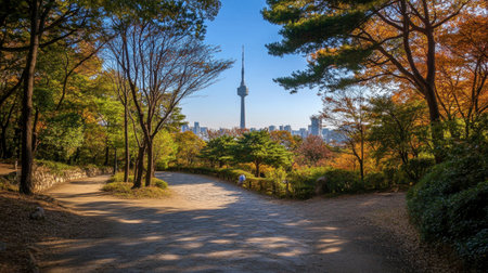 The serene landscape of Namsan Park, featuring the iconic Namsan Tower and beautiful walking trails.の素材