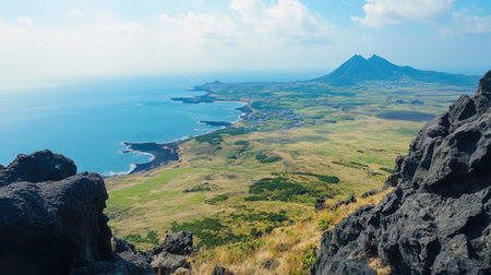 The stunning view from the top of Hallasan Mountain in Jeju Island, showcasing the island's unique volcanic landscape.の素材