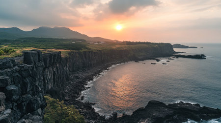 The stunning view of the cliffs and ocean at Seongsan Ilchulbong (Sunrise Peak) in Jeju, famous for its sunrise views.の素材