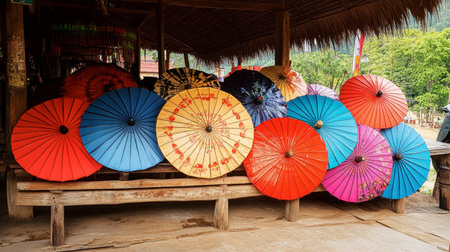 The vibrant colors and designs of the handcrafted umbrellas on display at the Bo Sang Umbrella Village.の素材