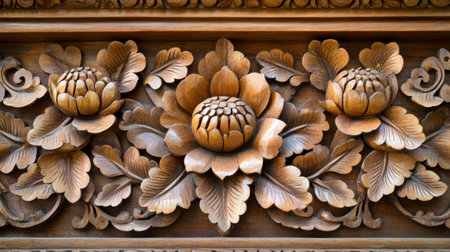 A close-up of a beautifully carved wooden panel at Wat Phra Singh, showcasing traditional Lanna craftsmanship.の素材