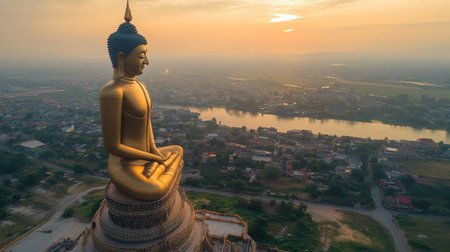 The large standing Buddha statue at Wat Burapha Phiram, towering over the city of Roi Et with a peaceful expression.の素材