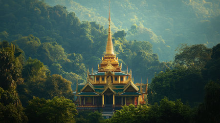 The beautiful architecture of Wat Pha Nam Yoi, with its golden spire towering above the surrounding forest.の素材