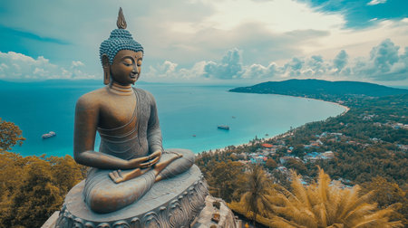 The breathtaking view of the Andaman Sea from the Big Buddha statue in Phuket.の素材