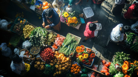 The bustling energy of the Warorot Market, with locals buying and selling fresh produce, flowers, and traditional foods.の素材