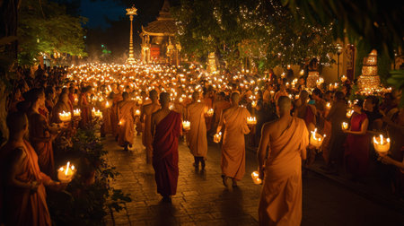 The colorful candle-lit procession at Wat Phra That Nong Bua during a Buddhist festival, with monks and worshippers carrying candles.の素材