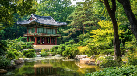 The historic Changdeokgung Palace's Secret Garden, showcasing stunning landscapes and traditional Korean architecture.の素材