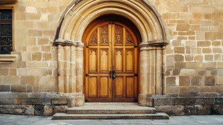 This image showcases an ornate wooden doorway on a historic stone building, highlighting intricate design details and inviting atmosphere in a charming urban scene.の素材