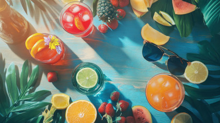 A vibrant summer scene featuring colorful cocktails and fresh fruits arranged beautifully on a bright table, perfect for outdoor parties and relaxation.の素材