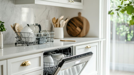 A bright and modern kitchen featuring an open dishwasher displaying neatly arranged clean dishes and utensils, offering a glimpse into a well-organized home space.の素材