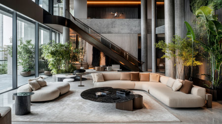 This modern lobby showcases a stylish sofa and elegant decor, featuring indoor plants and a spacious layout, perfect for relaxation and social gatherings.の素材