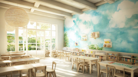 This bright and inviting classroom features a stunning cloud mural, ample natural light, and spacious wooden desks. The serene design creates an ideal learning environment.の素材