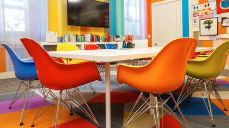 This image showcases a vibrant modern meeting room featuring colorful chairs and an inviting table, creating a cheerful atmosphere for collaboration and creativity.の素材
