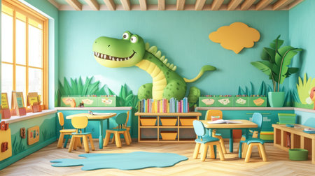 Explore a vibrant dinosaur-themed kindergarten classroom filled with playful decor, bright colors, and engaging learning spaces designed for children's creativity and fun.の素材
