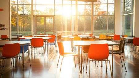 A spacious and modern classroom featuring colorful chairs and tables bathed in warm sunset light, creating a vibrant and inviting atmosphere for learning.の素材
