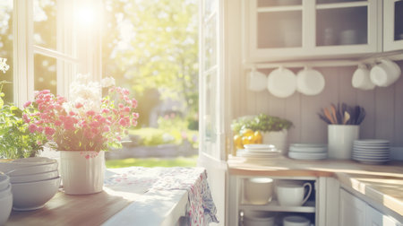 A bright and cheerful kitchen featuring fresh flowers, natural light, and a cozy decor. The inviting atmosphere is perfect for cooking and relaxation.の素材