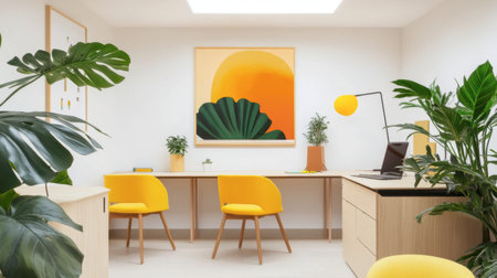 A serene and stylish office space featuring vibrant yellow chairs, lively green plants, and colorful wall art that creates a motivating atmosphere for productivity.の素材