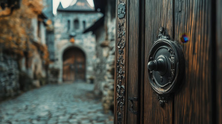 A captivating rustic wooden door featuring a vintage handle, leading to a charming medieval village. The stone pathway and ambient scenery create an inviting atmosphere.の素材
