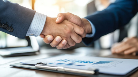 Two business professionals engage in a firm handshake, symbolizing trust and collaboration. A document with data visuals lies on the table, setting a serious tone for important discussions.の素材