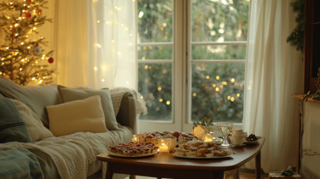 Enjoy a cozy holiday scene featuring festive treats, soft lighting, and a beautifully decorated tree, creating an inviting atmosphere perfect for celebration.の素材
