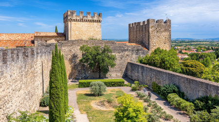 Explore an ancient stone castle featuring impressive towers and a vibrant green garden, set against a clear blue sky. A historic landmark perfect for travel enthusiasts.の素材