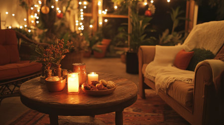 Discover a cozy indoor lounge filled with warm candlelight and festive decor, perfect for gatherings or quiet moments, featuring inviting furniture and greenery.の素材