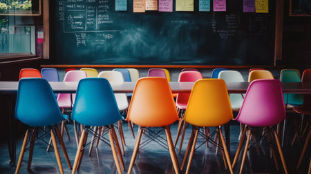 A dynamic classroom scene featuring a row of colorful chairs around a spacious table, perfect for collaboration and creativity in learning environments.の素材