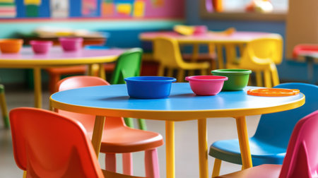 Bright and colorful classroom environment featuring a round table with playful chairs and bowls. A cheerful setting designed for childrenの素材
