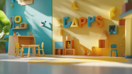 A vibrant playroom featuring colorful walls, wooden furniture, and educational decor, illuminated by soft sunlight, creating a cheerful atmosphere for children.の素材
