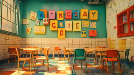 A vibrant and colorful classroom featuring wooden tables and chairs, with an engaging alphabet wall, ideal for fostering creativity and learning among children.の素材