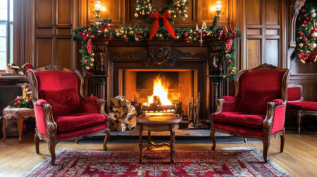 A cozy holiday scene featuring a warming fireplace, adorned with festive decorations and red chairs, creating an inviting atmosphere for family gatherings.の素材