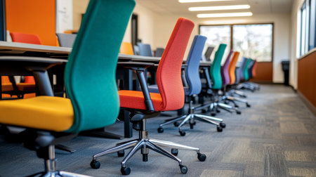 A vibrant and modern conference room showcasing colorful ergonomic chairs lined up, creating an inviting workspace for collaboration and meetings.の素材