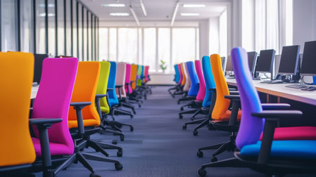 Vibrant office space featuring colorful chairs aligned with computers. This modern workspace reflects creativity and positivity, encouraging productivity and collaboration.の素材