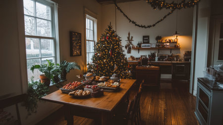 A beautifully decorated holiday kitchen filled with festive treats, a glowing Christmas tree, and a warm, inviting atmosphere perfect for joyful gatherings.の素材