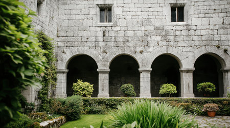 A serene courtyard featuring beautiful arched columns and lush greenery, perfect for relaxation and tranquility. This outdoor space exudes historic charm and elegance.の素材