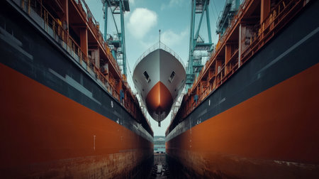 A unique perspective of a ship in a dry dock, nestled between two large cargo vessels. This image captures the essence of maritime maintenance and the intricate workings of a bustling harbor.の素材