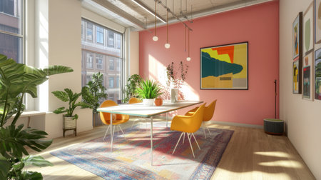 A modern conference room featuring bright decor, stylish furniture, and an inviting ambiance. Natural light floods the space through large windows, enhancing creativity.の素材