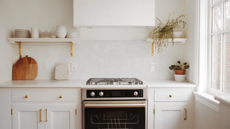Bright and airy kitchen showcasing a modern minimalist design with white cabinets, a sleek stove, and elegant gold accents, perfect for culinary inspiration.の素材