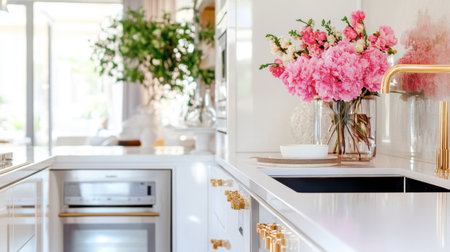 Bright and stylish kitchen interior featuring pink flowers in a vase, modern fixtures, and elegant design elements that create a warm and inviting space.の素材