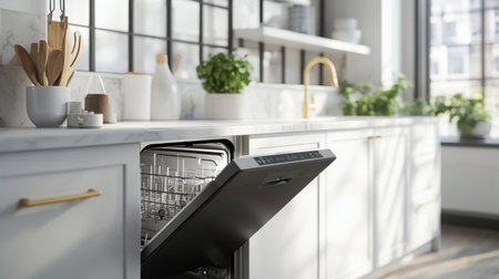 Bright and airy modern kitchen showcasing an open dishwasher amidst stylish decor and fresh greenery, representing cleanliness and contemporary design.の素材