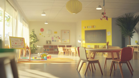 A bright and cheerful preschool classroom featuring colorful furniture and ample natural light, designed for creative learning and play, promoting a joyful atmosphere for children.の素材