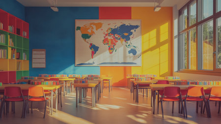 A vibrant classroom featuring a world map and colorful shelving. This bright space encourages learning and creativity with well-organized desks and chairs.の素材