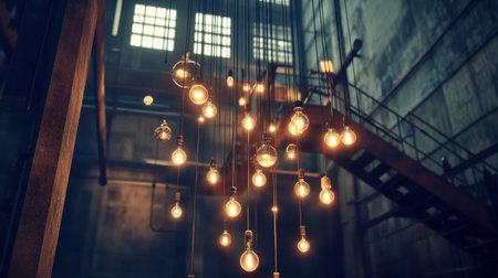A captivating display of modern industrial pendant lights hanging in an indoor setting, showcasing warm illumination and stylish details in an urban environment.の素材
