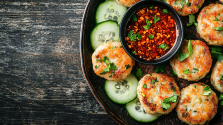 Enjoy a plate of delicious homemade fish cakes served with a spicy dipping sauce and fresh cucumber slices, perfect for any meal or gathering.の素材